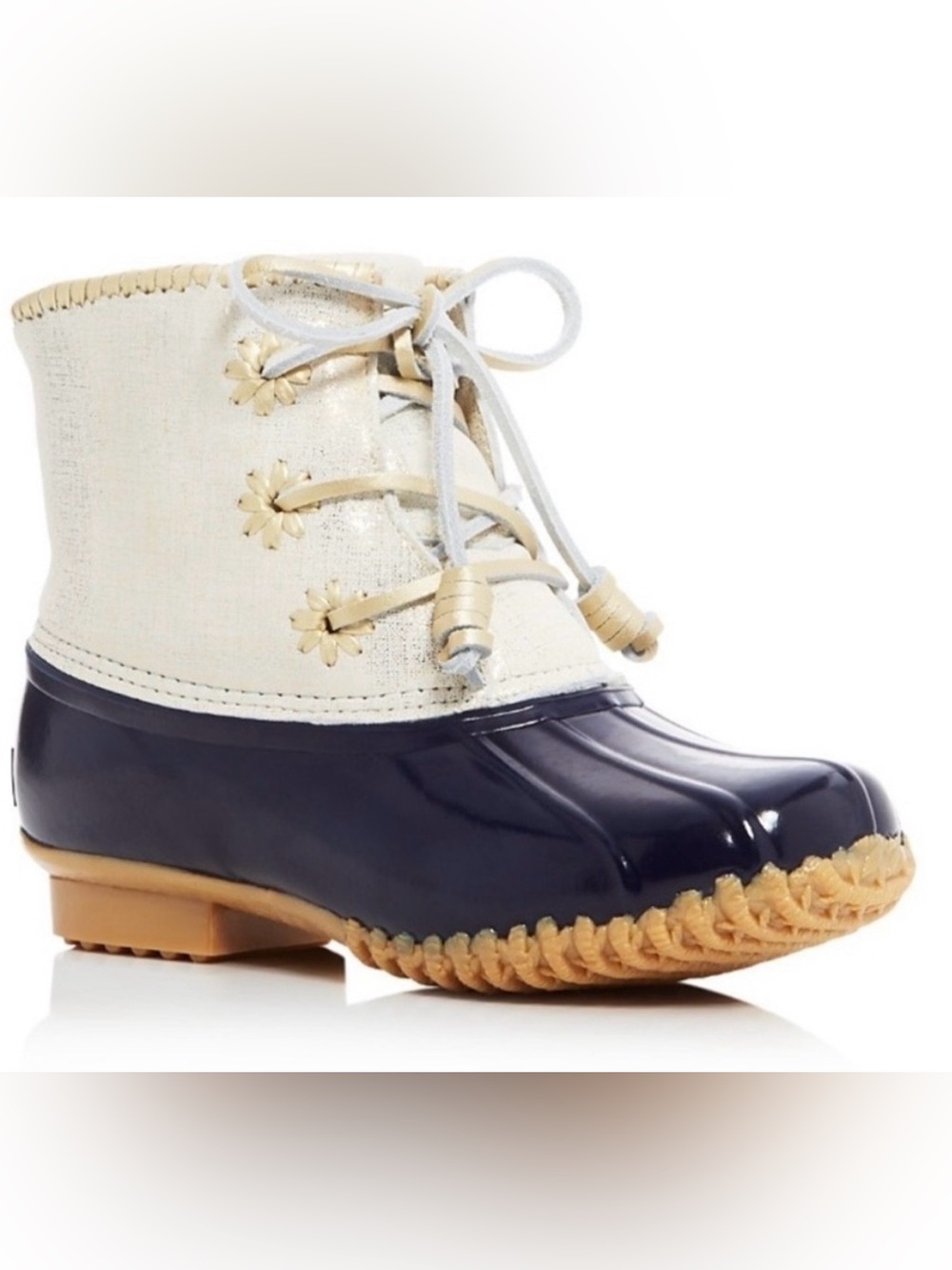 Womens Jack Roger’s Chloe Gold Metallic Cream Leather Navy Rubber Duck Boot Sz 9